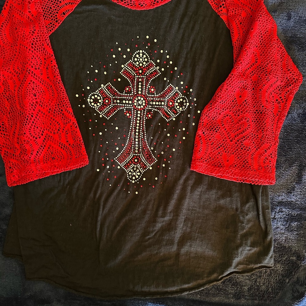 L&B Red and Black Blouse with Cross Design